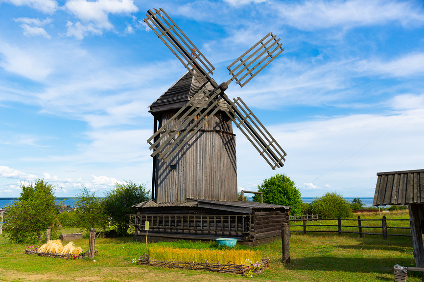 Wooden windmill and timber constructions in Ethnographic Open-Air Museum